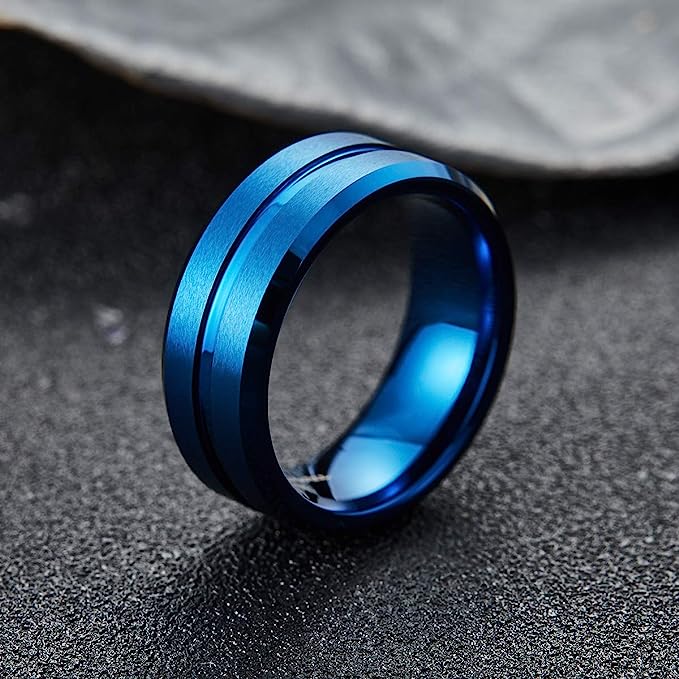 Genuine Carbide Tungsten Color: 8mm wide Blue matte finish & grooved center and high polished inner-face design smooth and shiny. Comfort Fit Wedding Band Size 6-15