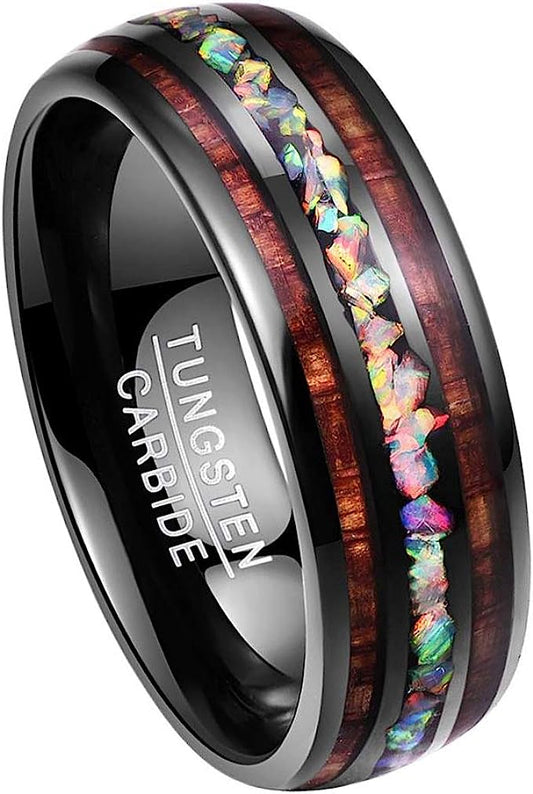 Black 8mm Gorgeous Inlaid with Hawaiian Koa Wood and  Created-Opal Domed Black Inner high polished inner-face design smooth and shiny. Comfort Fit Wedding Band Size 6-15