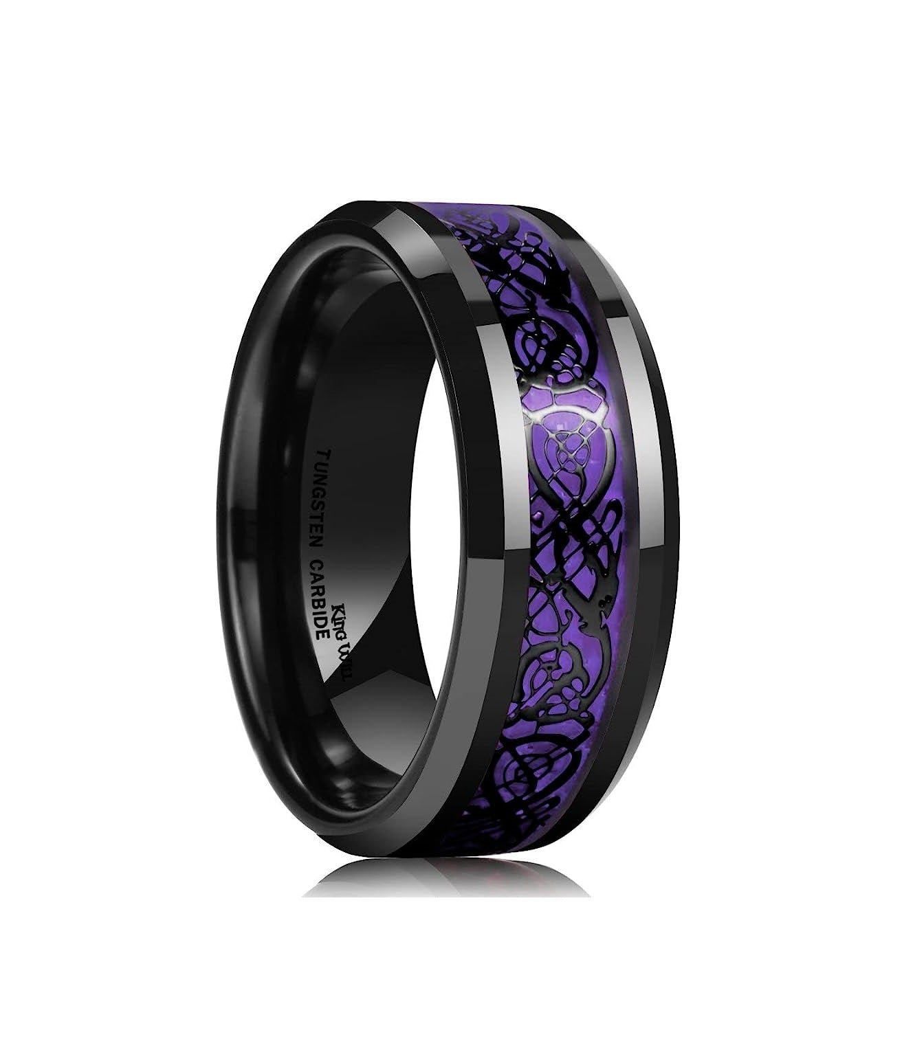 Genuine Carbide Tungsten Color: BLACK Laser Celtic Dragon Purple Fiber Inlay 8mm RING Polished Shiny Comfort Fit Wedding Band Size Size 6-15