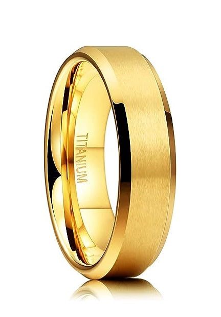 Genuine Titanium Golden Brushed 6mm Wide Ring Wedding Band High Polished Comfort Fit.