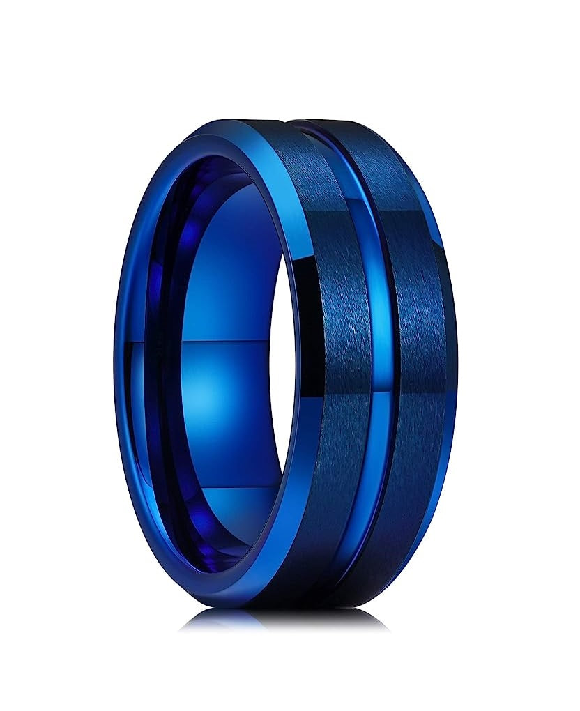 Genuine Carbide Tungsten Color: 8mm wide Blue matte finish & grooved center and high polished inner-face design smooth and shiny. Comfort Fit Wedding Band Size 6-15