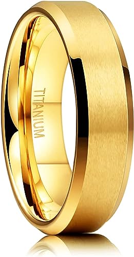 Genuine Titanium Golden Brushed 6mm Wide Ring Wedding Band High Polished Comfort Fit.