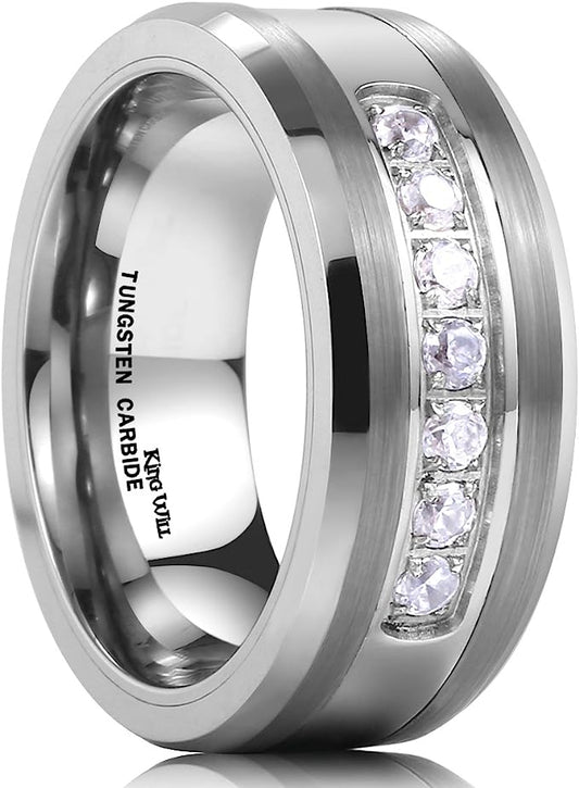 Genuine Carbide Tungsten Color: 8mm SILVER With 7 Cubic Zircon CZ Inlaid Gorgeous Stunning Polished Shiny Comfort Fit Wedding Band Size Size 6-15