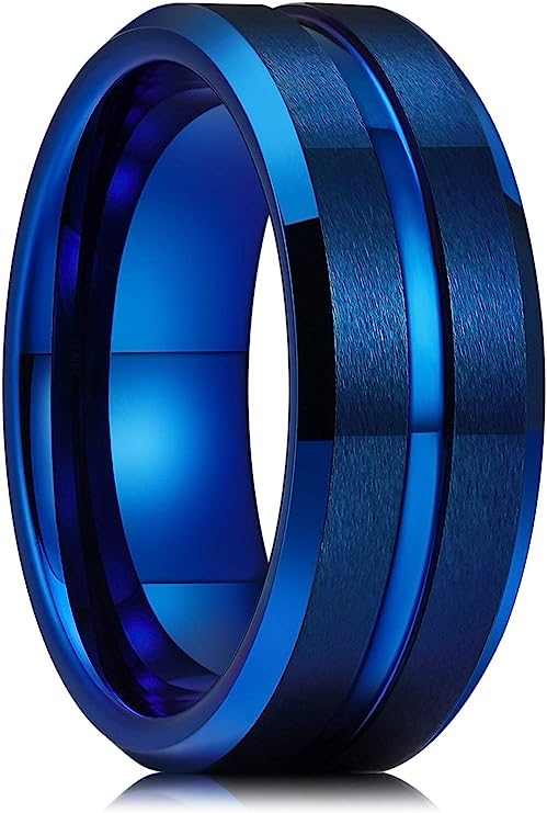 Genuine Carbide Tungsten Color: 8mm wide Blue matte finish & grooved center and high polished inner-face design smooth and shiny. Comfort Fit Wedding Band Size 6-15