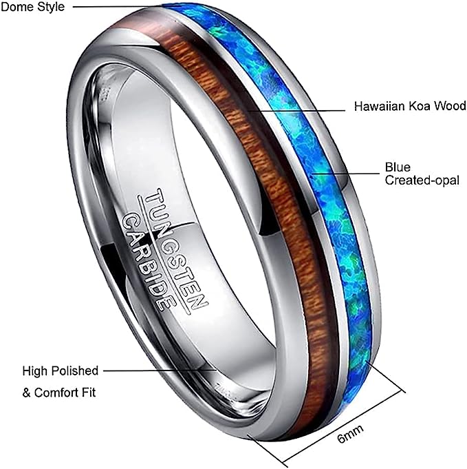 Genuine Carbide Tungsten Color: Silver 6mm Gorgeous Genuine blue opal and koa wood inlay set on the dome style tungsten carbide band