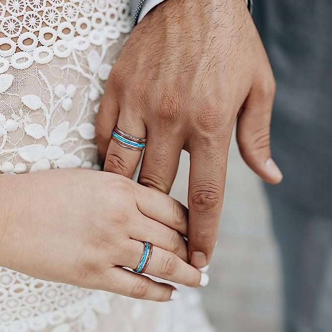 Genuine Carbide Tungsten Color: Silver 6mm Gorgeous Genuine blue opal and koa wood inlay set on the dome style tungsten carbide band