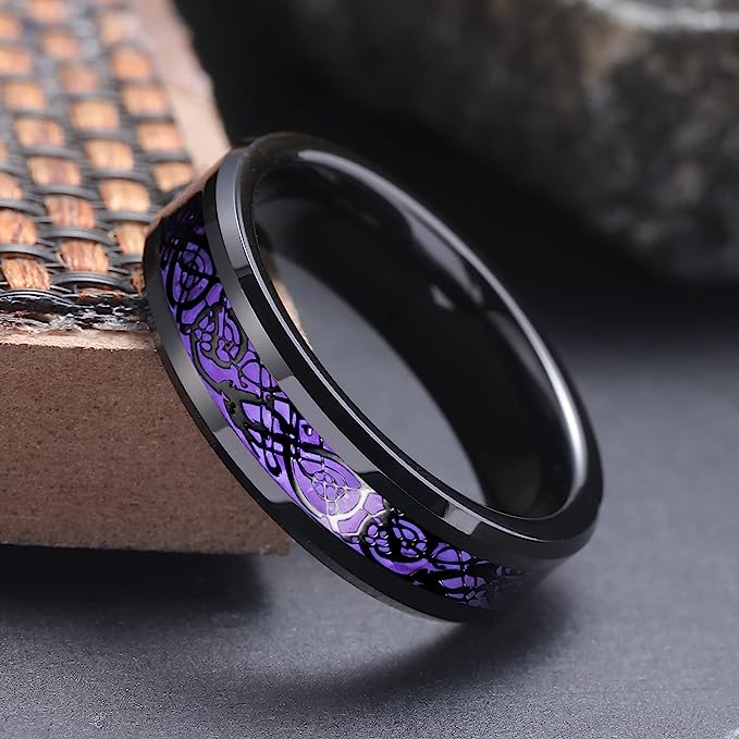 Genuine Carbide Tungsten Color: BLACK Laser Celtic Dragon Purple Fiber Inlay 6mm RING Polished Shiny Comfort Fit Wedding Band Size Size 6-15