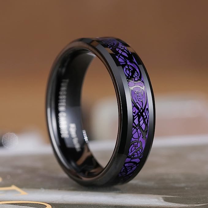 Genuine Carbide Tungsten Color: BLACK Laser Celtic Dragon Purple Fiber Inlay 6mm RING Polished Shiny Comfort Fit Wedding Band Size Size 6-15