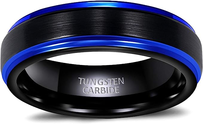 Genuine Carbide Tungsten Color: BLACK/BLUE Brushed 6mm RING Polished Shiny Comfort Fit Wedding Band Size 6-15