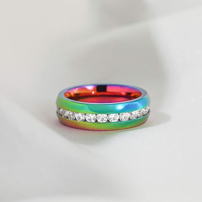 Genuine Titanium Multicolor 6mm Wide Ring Cubic Zirconia Eternity High Polished Comfort Fit.