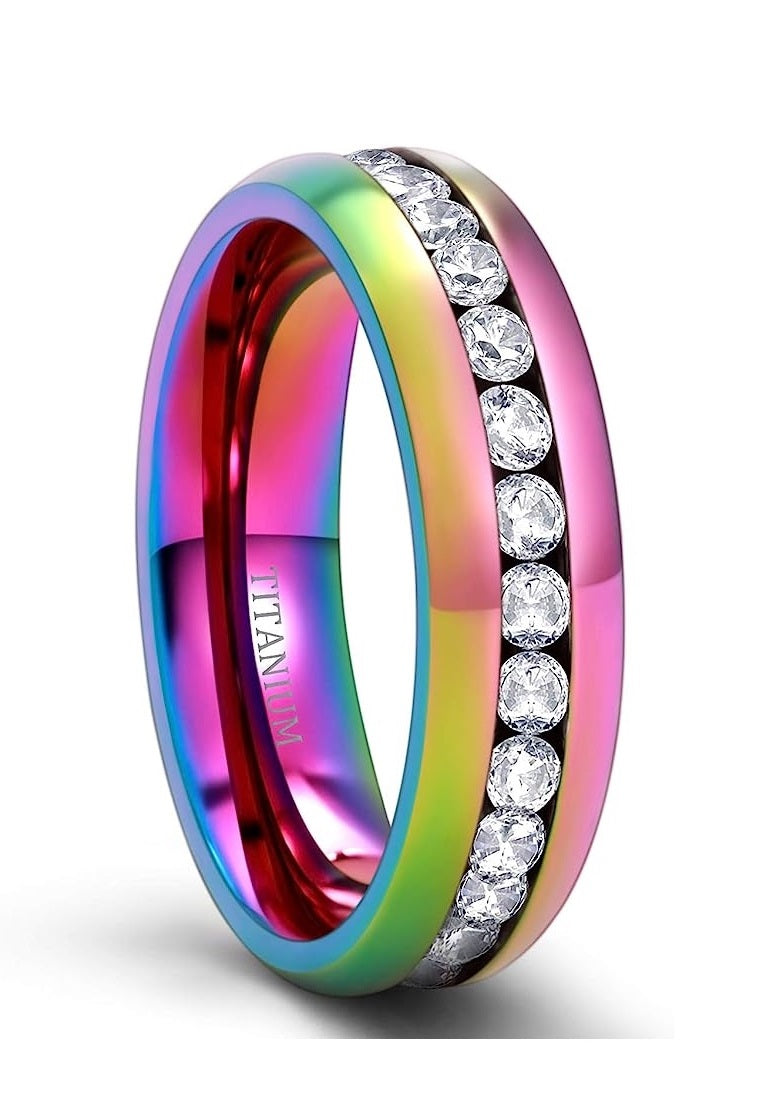 Genuine Titanium Multicolor 6mm Wide Ring Cubic Zirconia Eternity High Polished Comfort Fit.