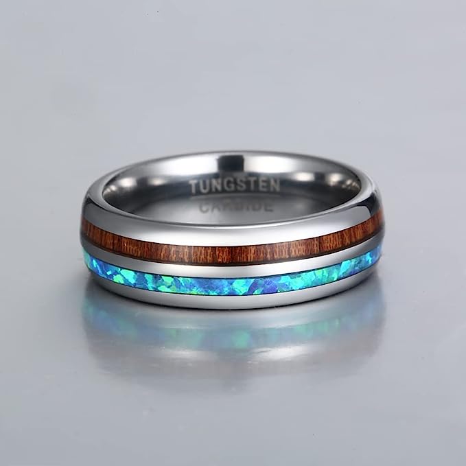 Genuine Carbide Tungsten Color: Silver 6mm Gorgeous Genuine blue opal and koa wood inlay set on the dome style tungsten carbide band