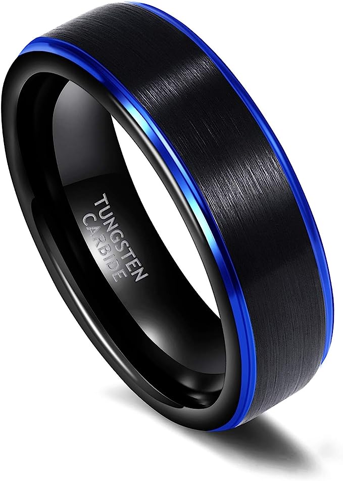 Genuine Carbide Tungsten Color: BLACK/BLUE Brushed 6mm RING Polished Shiny Comfort Fit Wedding Band Size 6-15