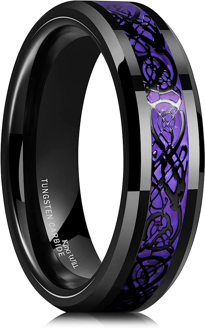 Genuine Carbide Tungsten Color: BLACK Laser Celtic Dragon Purple Fiber Inlay 6mm RING Polished Shiny Comfort Fit Wedding Band Size Size 6-15