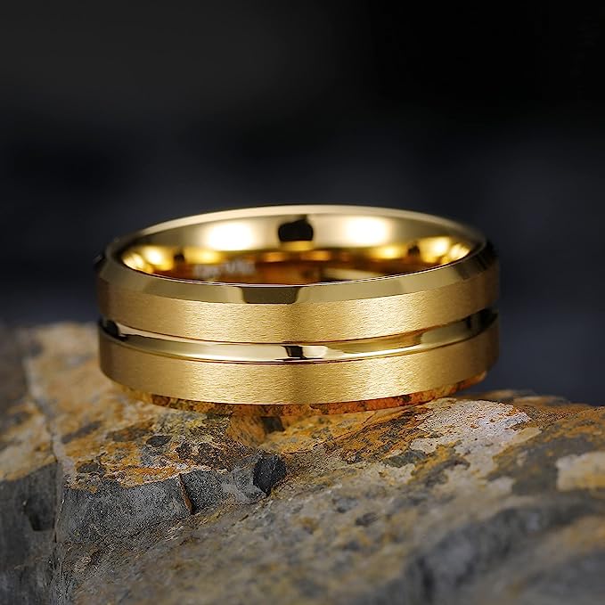 Genuine Carbide Tungsten Color: 8mm Wide Gold matte finish & grooved center with and high polished inner-face design smooth and shiny. band is So elegant! Comfort Fit Wedding Band Size 6-15