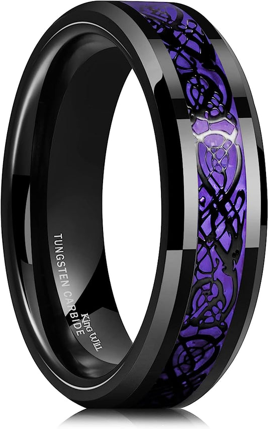 Genuine Carbide Tungsten Color: BLACK Laser Celtic Dragon Purple Fiber Inlay 6mm RING Polished Shiny Comfort Fit Wedding Band Size Size 6-15