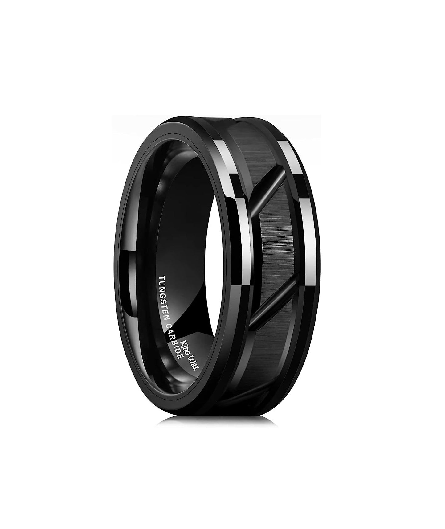 Genuine Tungsten Carbide 8mm Black polished inner face shining finish, Black angle Brick Pattern, Surface Brushed Finish Comfort Fit wedding band Size 6-15