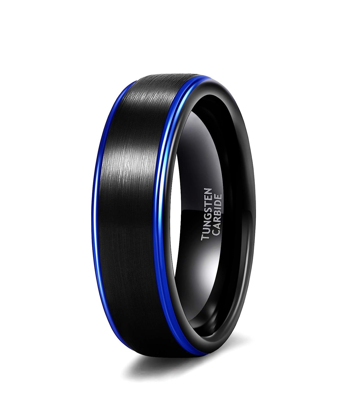 Genuine Carbide Tungsten Color: BLACK/BLUE Brushed 6mm RING Polished Shiny Comfort Fit Wedding Band Size 6-15