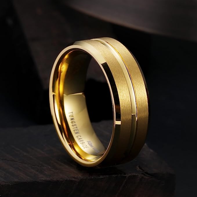 Genuine Carbide Tungsten Color: 8mm Wide Gold matte finish & grooved center with and high polished inner-face design smooth and shiny. band is So elegant! Comfort Fit Wedding Band Size 6-15