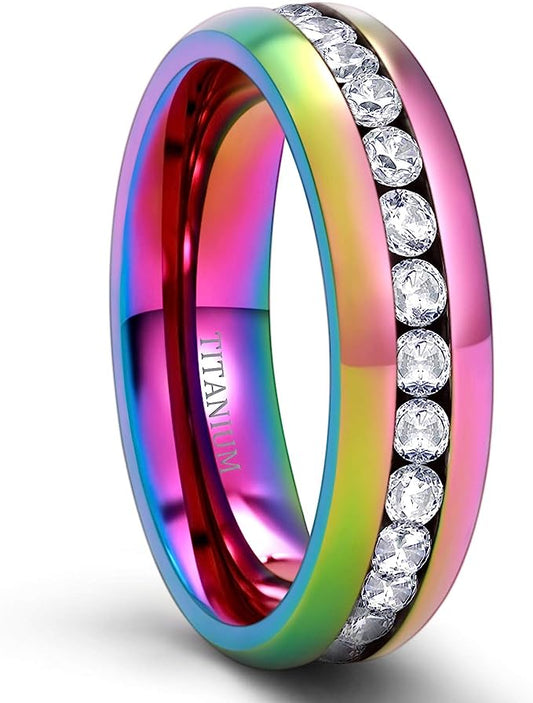 Genuine Titanium Multicolor 6mm Wide Ring Cubic Zirconia Eternity High Polished Comfort Fit.