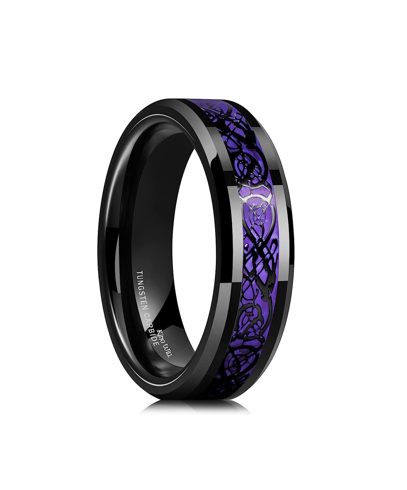 Genuine Carbide Tungsten Color: BLACK Laser Celtic Dragon Purple Fiber Inlay 6mm RING Polished Shiny Comfort Fit Wedding Band Size Size 6-15