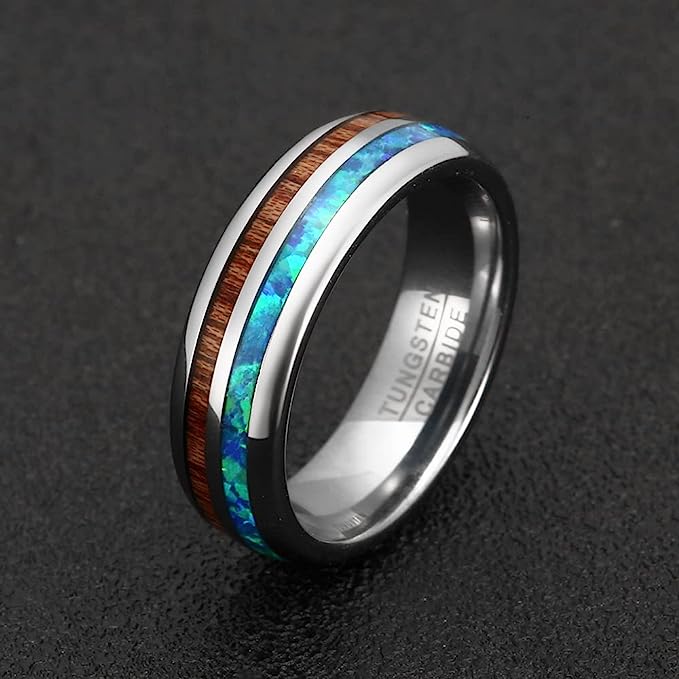 Genuine Carbide Tungsten Color: Silver 6mm Gorgeous Genuine blue opal and koa wood inlay set on the dome style tungsten carbide band