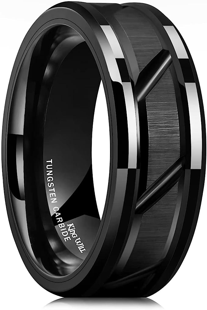 Genuine Tungsten Carbide 8mm Black polished inner face shining finish, Black angle Brick Pattern, Surface Brushed Finish Comfort Fit wedding band Size 6-15