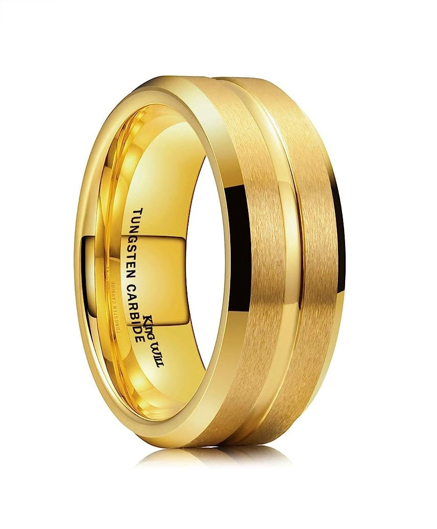 Genuine Carbide Tungsten Color: 8mm Wide Gold matte finish & grooved center with and high polished inner-face design smooth and shiny. band is So elegant! Comfort Fit Wedding Band Size 6-15