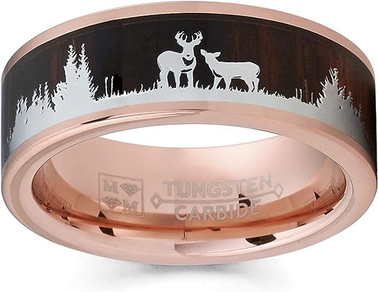 Genuine Carbide Tungsten Color: 8mm ROSE GOLD DEER STAG KOA WOOD inlay High polished inner-face design smooth and shiny. Comfort Fit Wedding Band Size 6-15