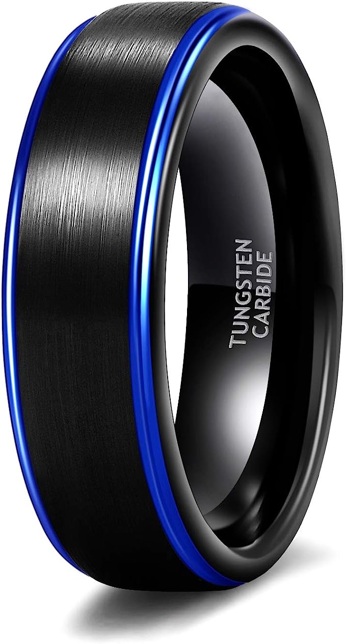 Genuine Carbide Tungsten Color: BLACK/BLUE Brushed 6mm RING Polished Shiny Comfort Fit Wedding Band Size 6-15