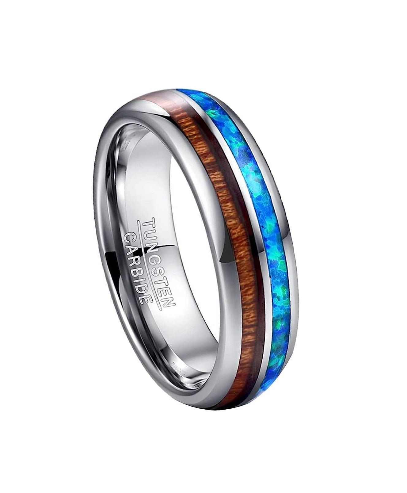 Genuine Carbide Tungsten Color: Silver 6mm Gorgeous Genuine blue opal and koa wood inlay set on the dome style tungsten carbide band