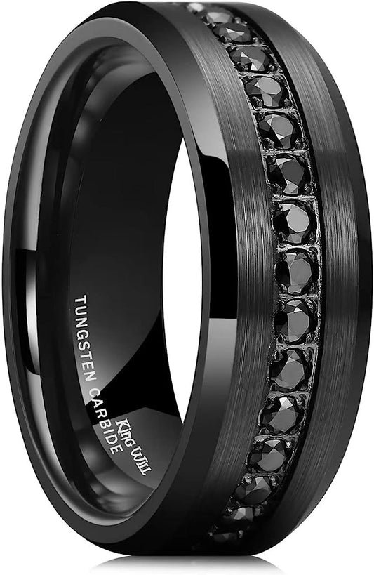 Genuine Carbide Tungsten Color: 8mm Black Eternity Ring Black Cubic Zircon CZ Inlaid Gorgeous Stunning Polished Shiny Comfort Fit Wedding Band Size Size 6-15