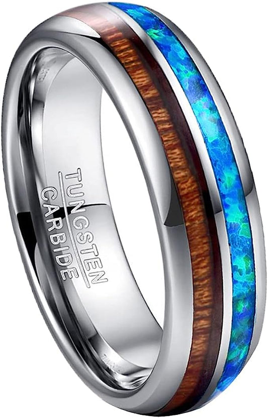 Genuine Carbide Tungsten Color: Silver 6mm Gorgeous Genuine blue opal and koa wood inlay set on the dome style tungsten carbide band