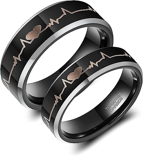 Genuine Carbide Tungsten Color: BLACK EKG Heartbeat two rings for a matching set. 6mm ring is women, 8mm ring is for men Gorgeous Stunning Polished Shiny Comfort Fit Wedding Band Size Size 6-15