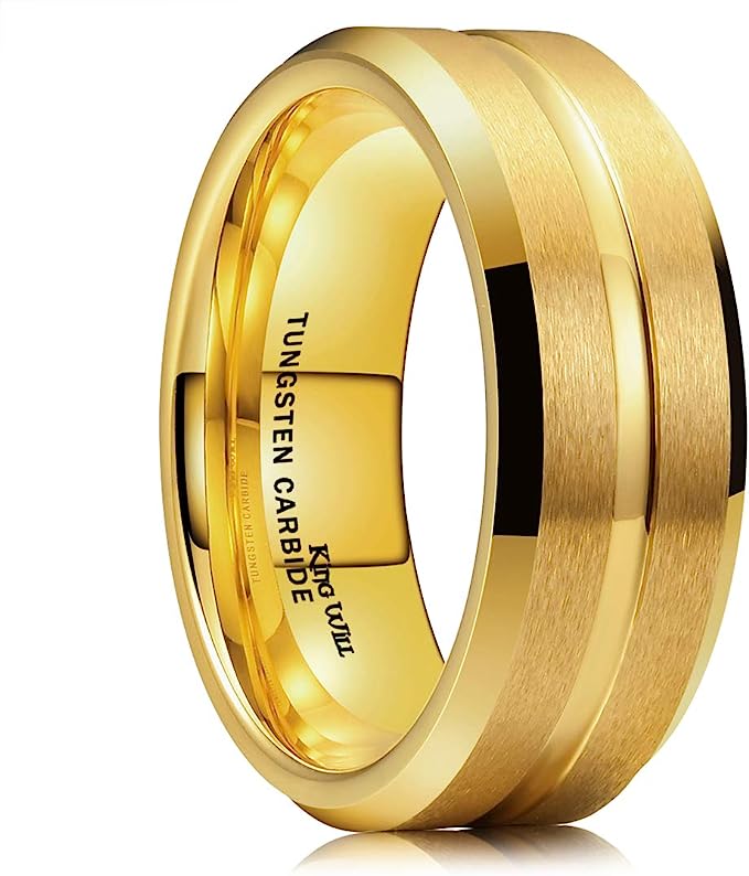 Genuine Carbide Tungsten Color: 8mm Wide Gold matte finish & grooved center with and high polished inner-face design smooth and shiny. band is So elegant! Comfort Fit Wedding Band Size 6-15