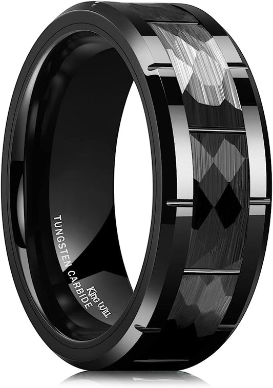 Genuine Tungsten Carbide 8mm Black polished inner face shining finish, Brick Pattern, Surface Brushed Finish Comfort Fit wedding band Size 6-15