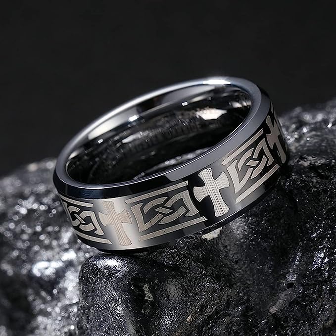 Genuine Carbide Tungsten Color: Silver Laser Celtic Knot Dragon Edge CROSS 8mm RING Polished Shiny Comfort Fit Wedding Band Size Size 6-15