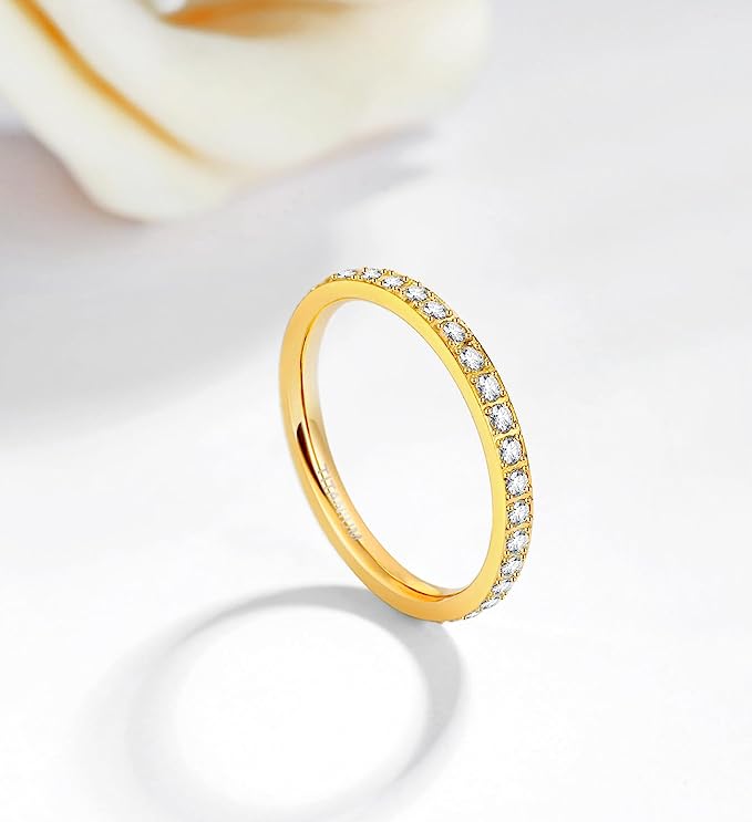 Genuine Titanium Golden 2mm Wide Ring Cubic Zirconia Eternity High Polished Comfort Fit.