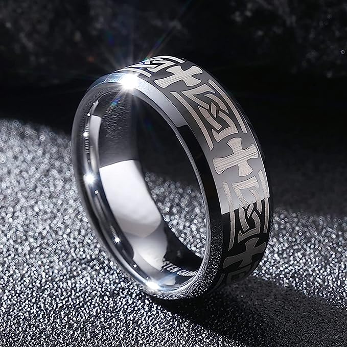 Genuine Carbide Tungsten Color: Silver Laser Celtic Knot Dragon Edge CROSS 8mm RING Polished Shiny Comfort Fit Wedding Band Size Size 6-15