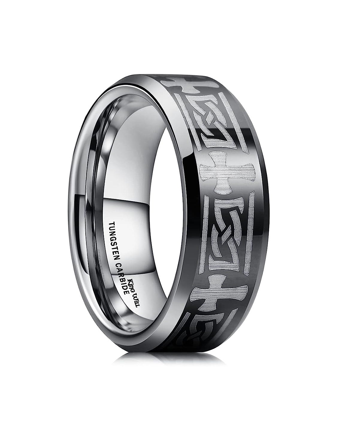 Genuine Carbide Tungsten Color: Silver Laser Celtic Knot Dragon Edge CROSS 8mm RING Polished Shiny Comfort Fit Wedding Band Size Size 6-15