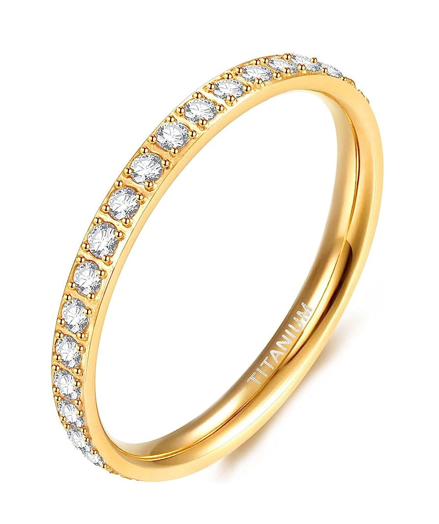 Genuine Titanium Golden 2mm Wide Ring Cubic Zirconia Eternity High Polished Comfort Fit.