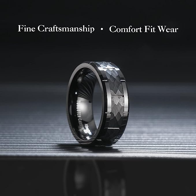 Genuine Tungsten Carbide 8mm Black polished inner face shining finish, Brick Pattern, Surface Brushed Finish Comfort Fit wedding band Size 6-15