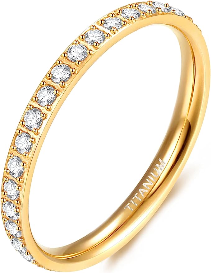 Genuine Titanium Golden 2mm Wide Ring Cubic Zirconia Eternity High Polished Comfort Fit.