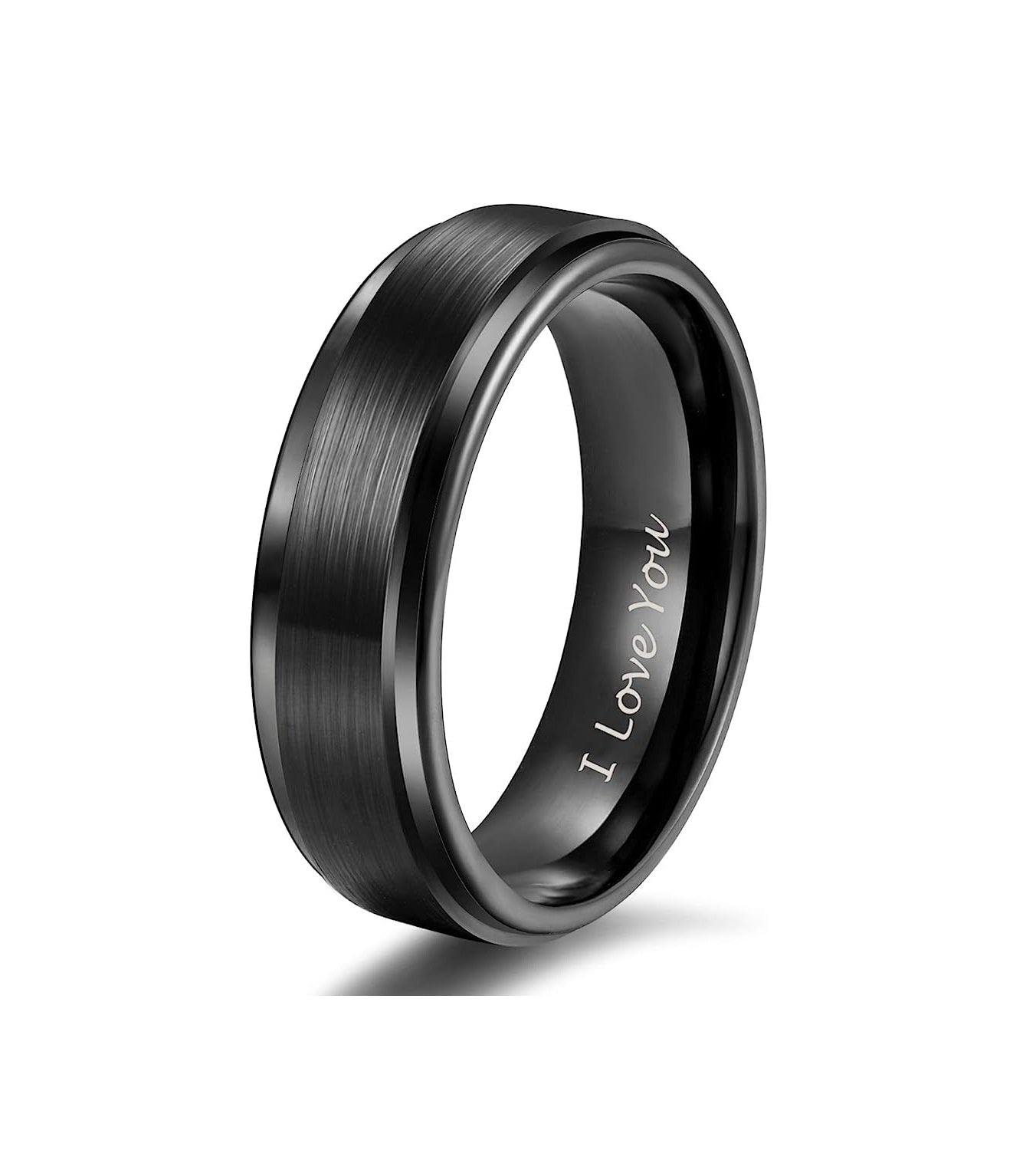 Genuine Carbide Tungsten Color: BLACK/SILVER Brushed 6mm RING I LOVE YOU Polished Shiny Comfort Fit Wedding Band Size 6-15