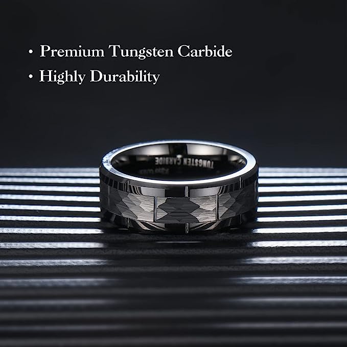 Genuine Tungsten Carbide 8mm Black polished inner face shining finish, Brick Pattern, Surface Brushed Finish Comfort Fit wedding band Size 6-15