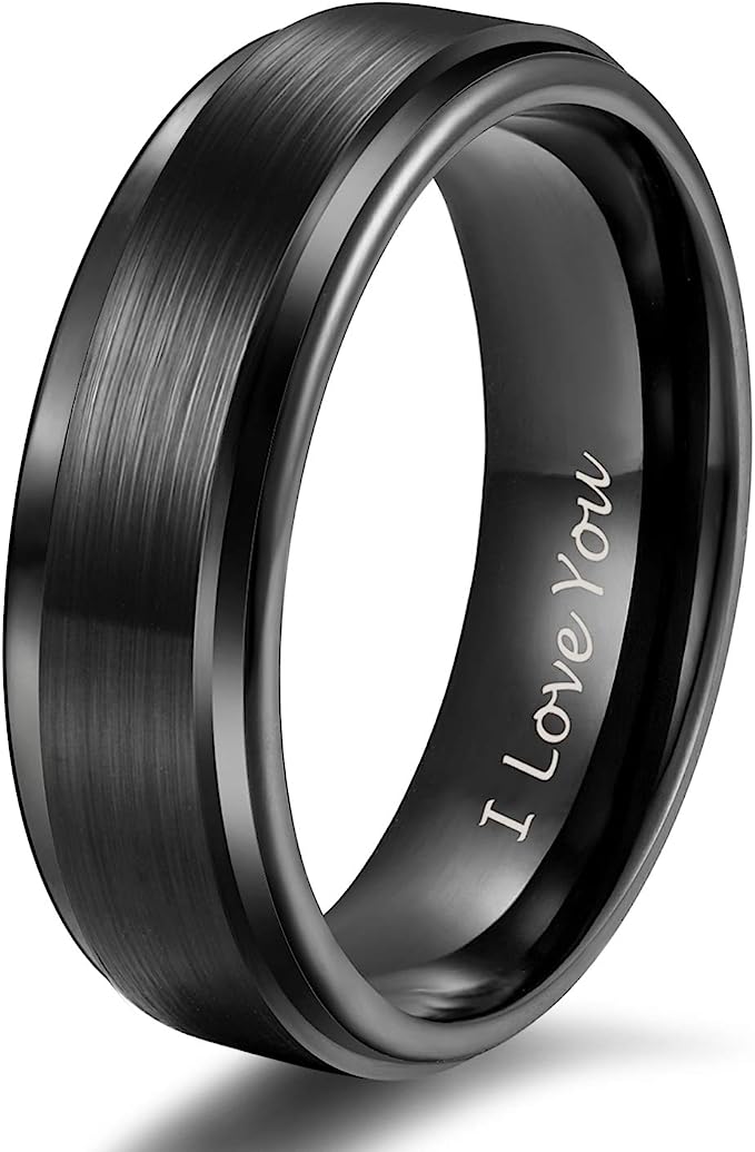 Genuine Carbide Tungsten Color: BLACK/SILVER Brushed 6mm RING I LOVE YOU Polished Shiny Comfort Fit Wedding Band Size 6-15