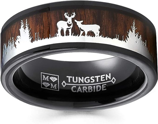 Genuine Carbide Tungsten Color: 8mm BLACK DEER STAG KOA WOOD inlay High polished inner-face design smooth and shiny. Comfort Fit Wedding Band Size 6-15