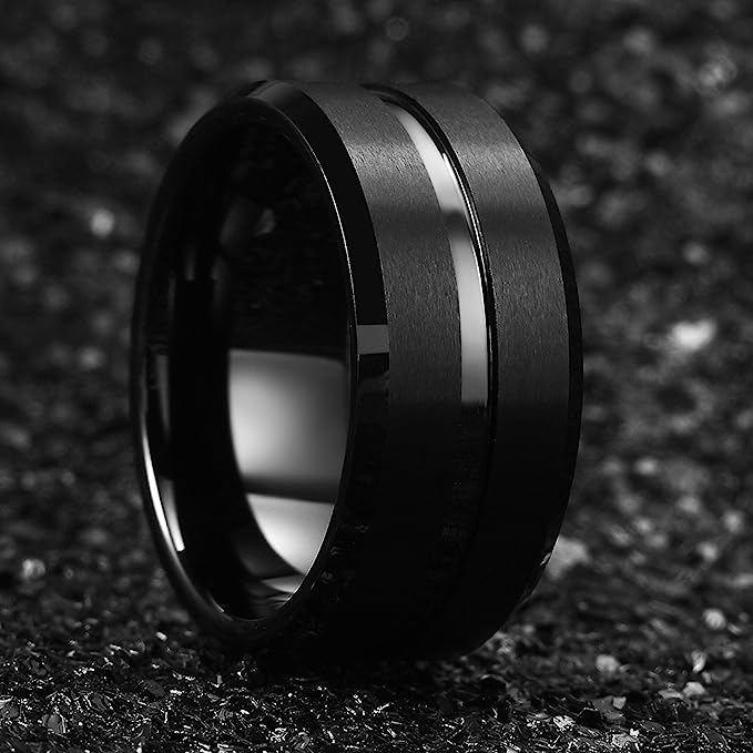 Genuine Carbide Tungsten Color: BLACK 10mm Groove Inner Brushed Surface and high polished inner-face design smooth and shiny. band is So elegant! Comfort Fit Wedding Band Size 6-15