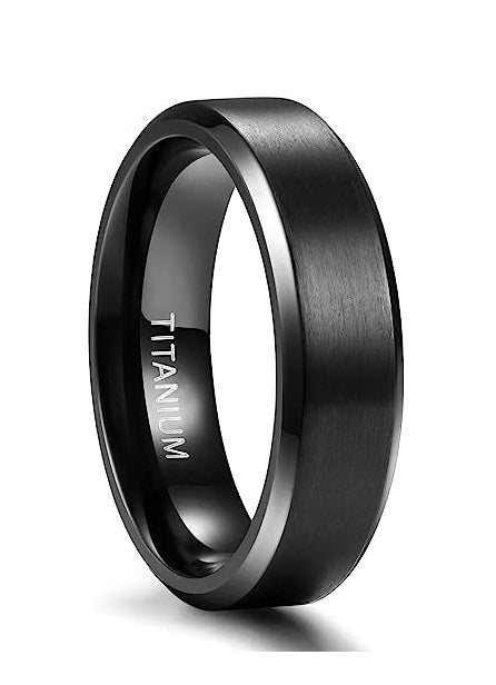 Genuine Titanium Black Brushed Black 6mm Wide Ring Wedding Band High Polished Comfort Fit.