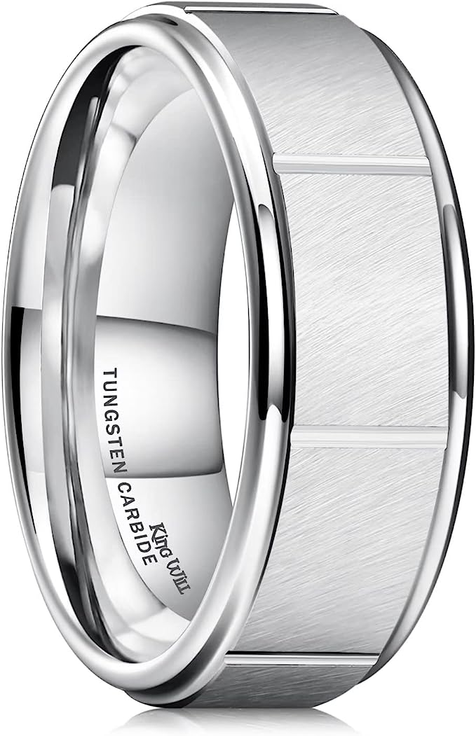 8mm Genuine Tungsten Carbide 8mm, silver polished, inner ring Silver, shining finish, Wide Brick Pattern Groove Center Surface Brushed Finish Comfort Fit wedding band Size 6-15